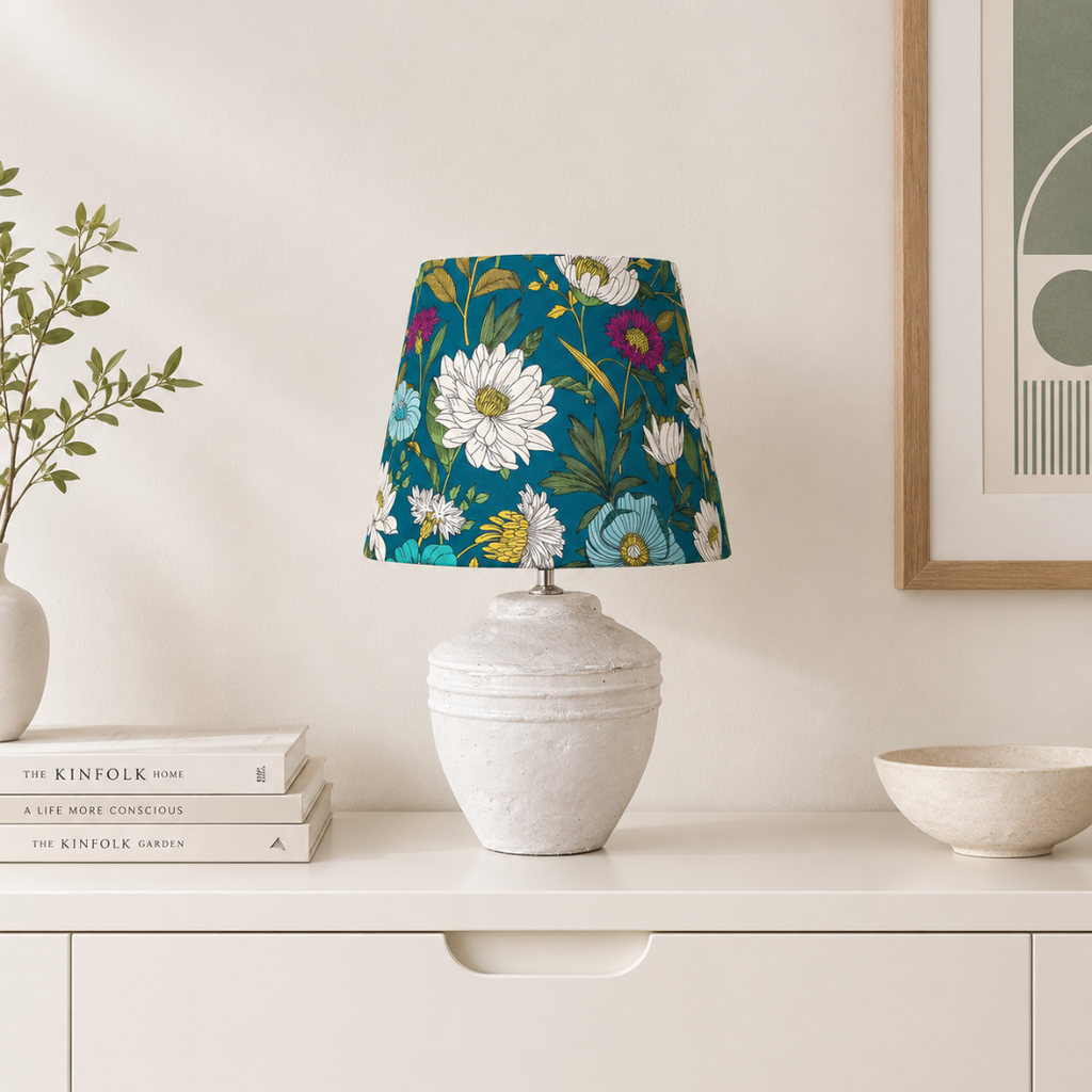 Lampenschirm Blumen dunkeltürkis Baumwolle Ø 24–33 cm Tischlampe