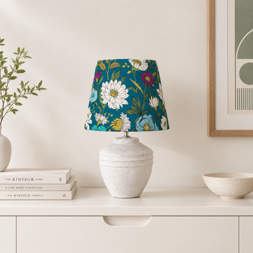 Lampenschirm Blumen dunkeltürkis Baumwolle Ø 24–33 cm Tischlampe